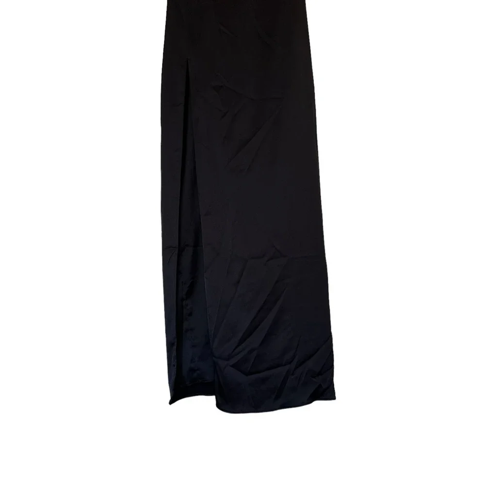 naked wardrobe black satin midi dress v-neck slit, women size small
